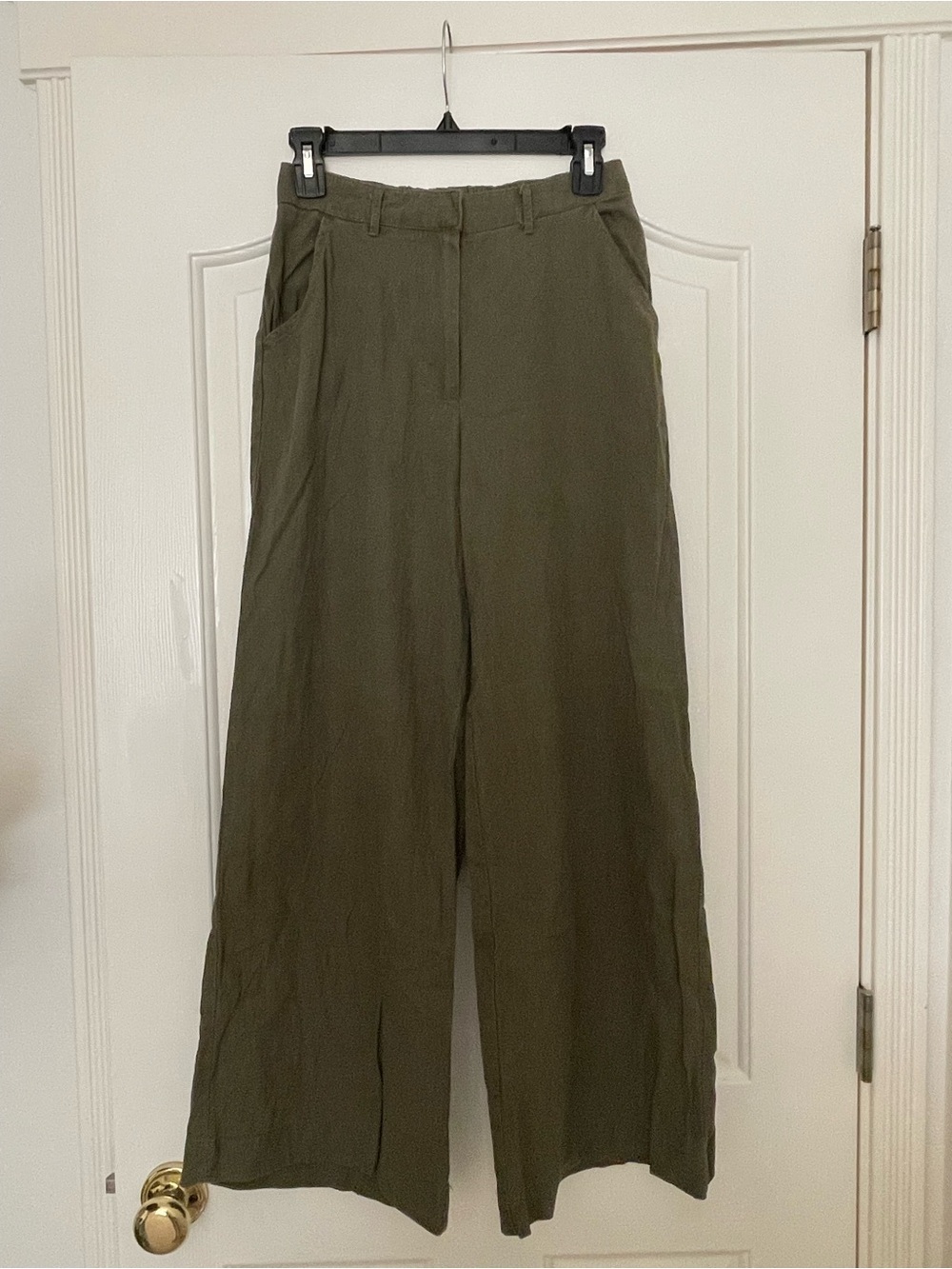 Olive Green Wide-Leg Linen-Blend Pants - Picture 6 of 7